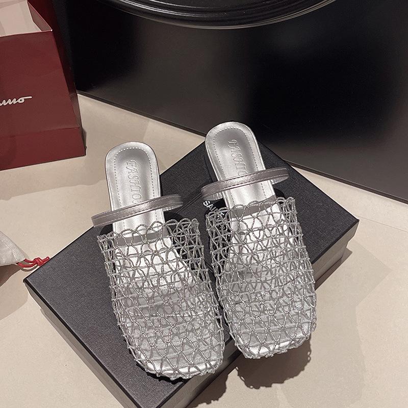 

Европейские и американские нишевые рыболовные сети плетеные полые римские сандалии женские летние новые рыбацкие на плоской подошве с круглым носком сумка на голову полушлепанцы 40 серебряный