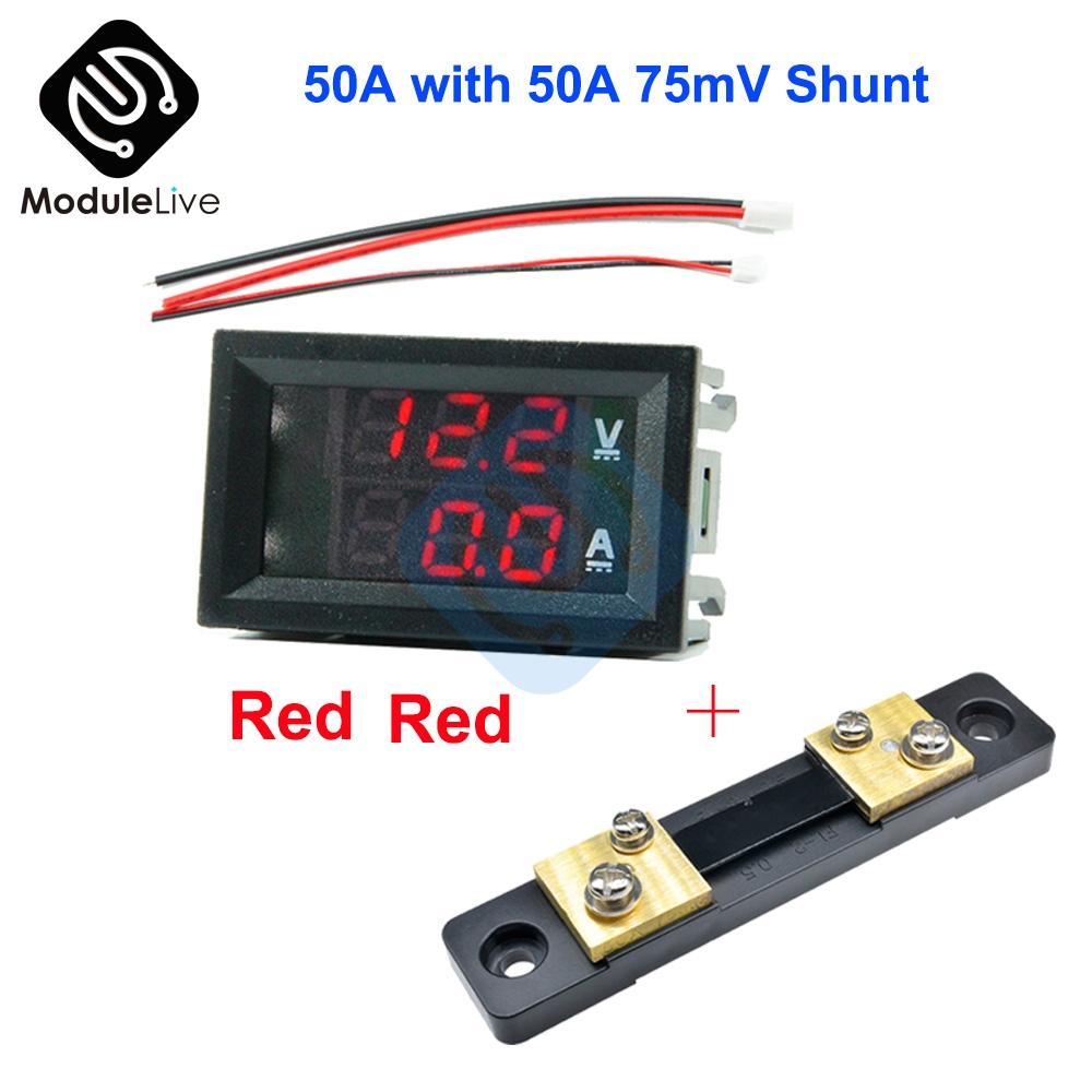 DC 100V 50A Voltmeter Ammeter Blue+Red LED Amp Dual Digital Volt Amp Meter Gauge+50A75mV FL-2 50A Shunt Voltmeter Car Module