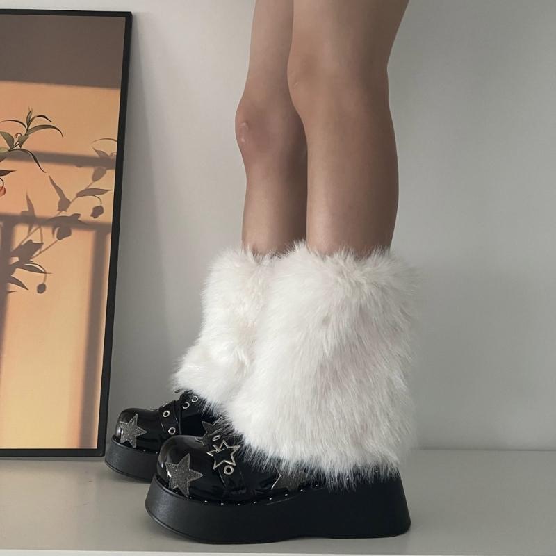 Flauschige Kunstpelz Beinwärmer Pelz Fersen Lange Stiefel Manschetten Abdeckung Hat Elastisch Ein Paar Karneval Stiefelabdeckung Y2K JK Uniform