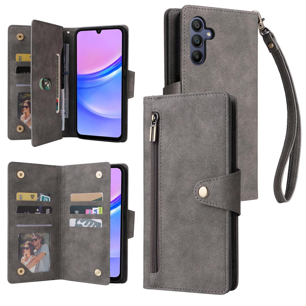 For Samsung Galaxy A17 5G/A17 4G/A26 5G Case Zipper Wallet Rivet Decor Leather Phone Cover with Wrist Strap