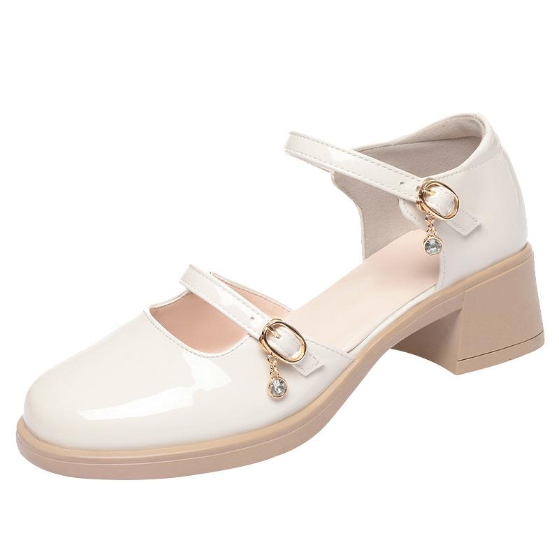 Women's Single Shoes with A Buckle and Medium Heels Summer Small Leather Shoes with Thick Heels Gentle Style Closed Toe Sandals