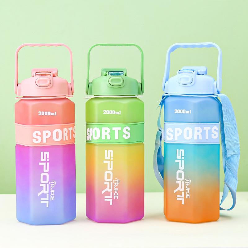 Water Bottle Gradual Change Color Large Capacity Three Piece Plastic Cup Outdoor Portable Sports Kettle with Scale Large Capacity Space Cup