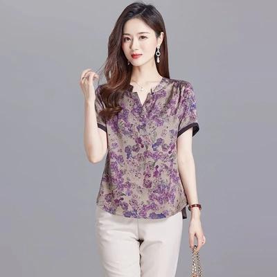 Top de Gasa Coreano para Mujer Verano Nuevo Manga Corta Estampado Moda Versátil Moda Adelgazante Cuello Redondo Cuello en V Top