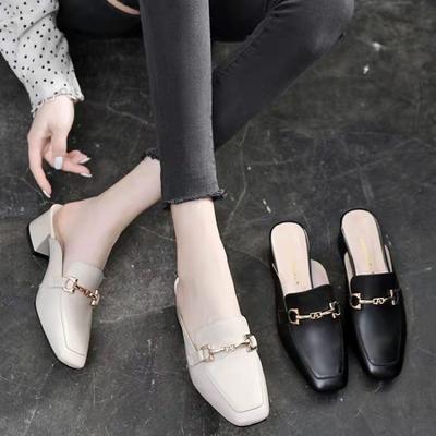 Baotou Half Slippers Women's Outer Wear 2025 Summer New Thick Heel Cool Slippers Muller Shoes Mid Heel Square Head Retro Single Shoes
