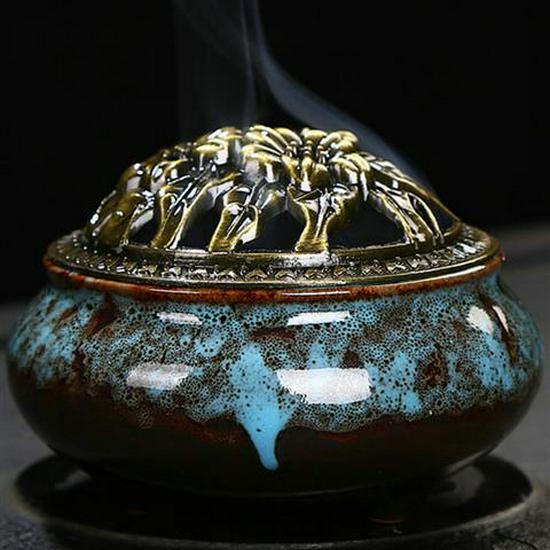 Colorful Crackle Glaze Ceramic Aromatherapy Burner with Bronze Cover for Household Incense and Mosquito Repellent