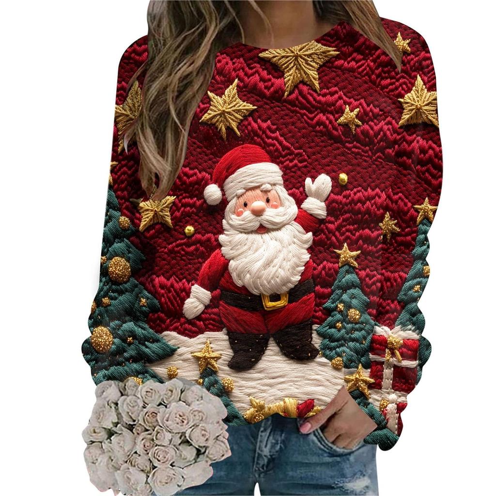 Ladies' Christmas Printed Long Sleeved Round Neck Hoodie Loose Top