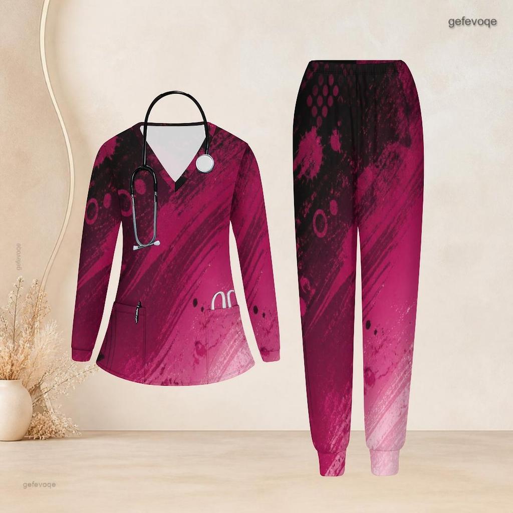 Women Plus Size Printed Nurse Scrub Set V Neck Long Sleeve Top With Pockets Long Pants