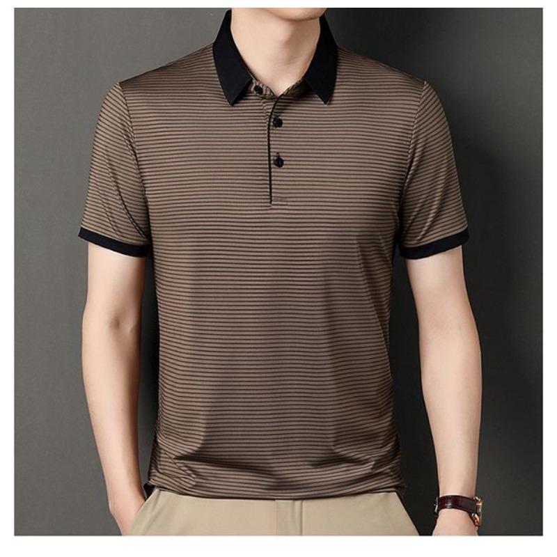 Herren Kurzarm Poloshirt Kontrastkragen Gestreiftes Muster Atmungsaktiv Lässig Business Oberteile
