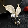 Light Luxury Copper Micro-Inlaid Zircon Caramel Gray Pearl Leaf Brooch Brooch Brooch Anti-Light Buckle Light Luxury High-End Brooch Hair