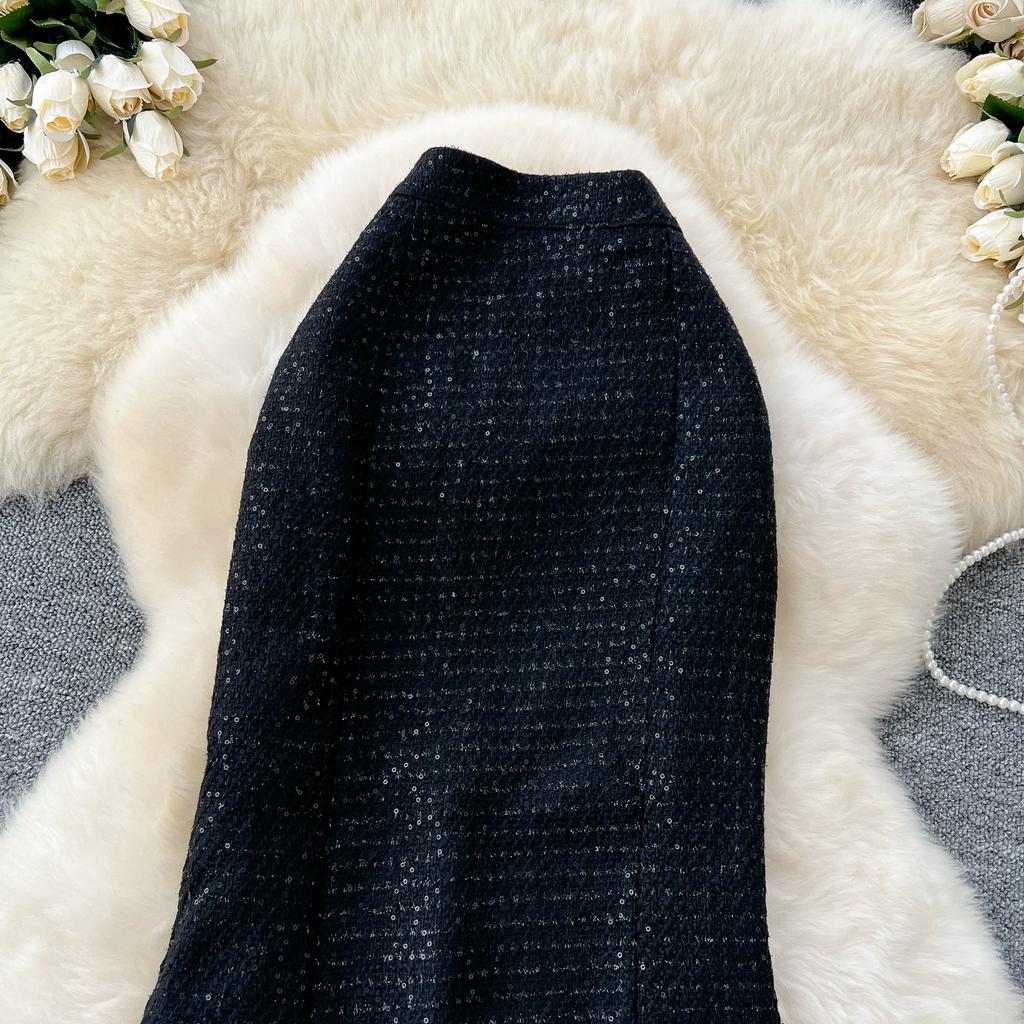 Jesień Zima Kobiety Jednolita Tweedowa Długa Midi Wyszczuplająca Bodycon Syrenka Spódnica