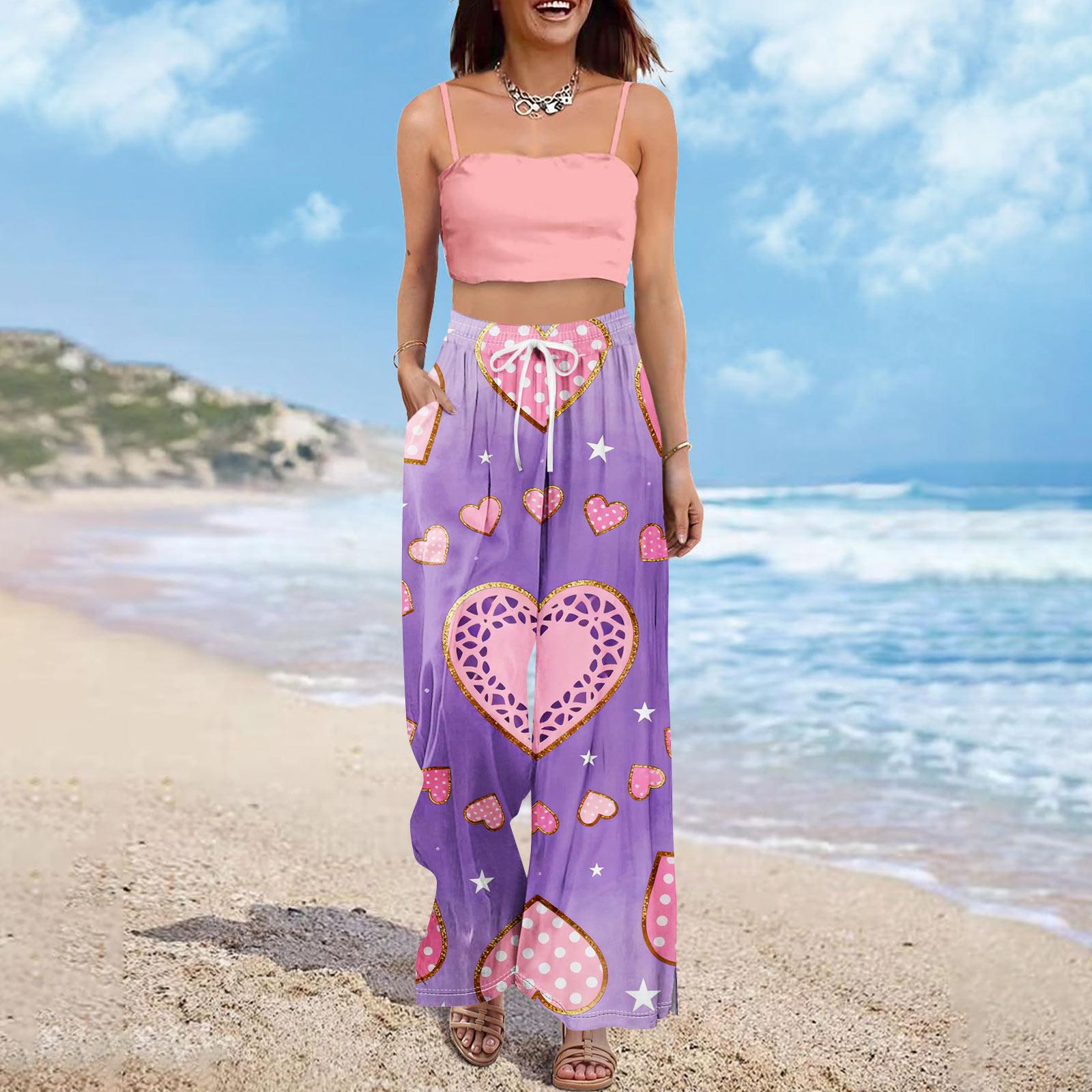 

Women Summer Boho Palazzo Pants High Waist Wide Leg Printing Casual Trousers With Pockets XL