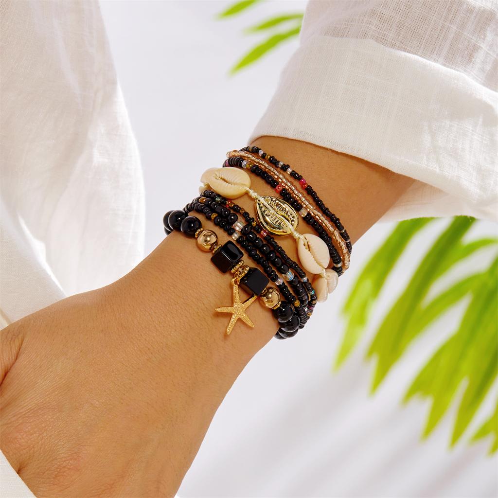 Bohemian Multilayer Starfish Pendant Bracelets Set for Women Handmade Rice Bead Chain Stacking Bracelets Summer Beach Jewelry