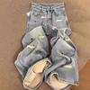 Women's High Rise Wide Leg Jeans Fleece Lined Vintage Washed Denim Loose Straight Leg Pants Dachshund Embroidery Casual Commuter Winter Denim Trousers