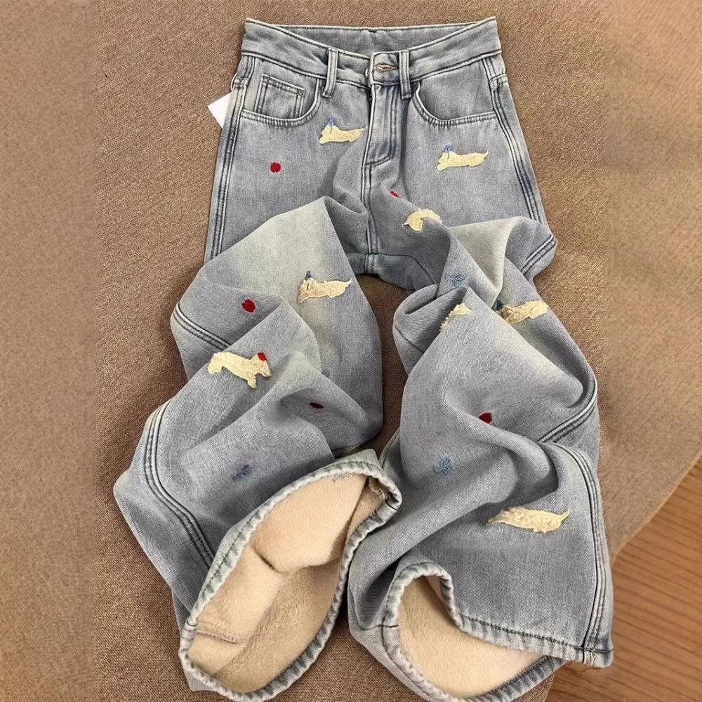 Women's High Rise Wide Leg Jeans Fleece Lined Vintage Washed Denim Loose Straight Leg Pants Dachshund Embroidery Casual Commuter Winter Denim Trousers