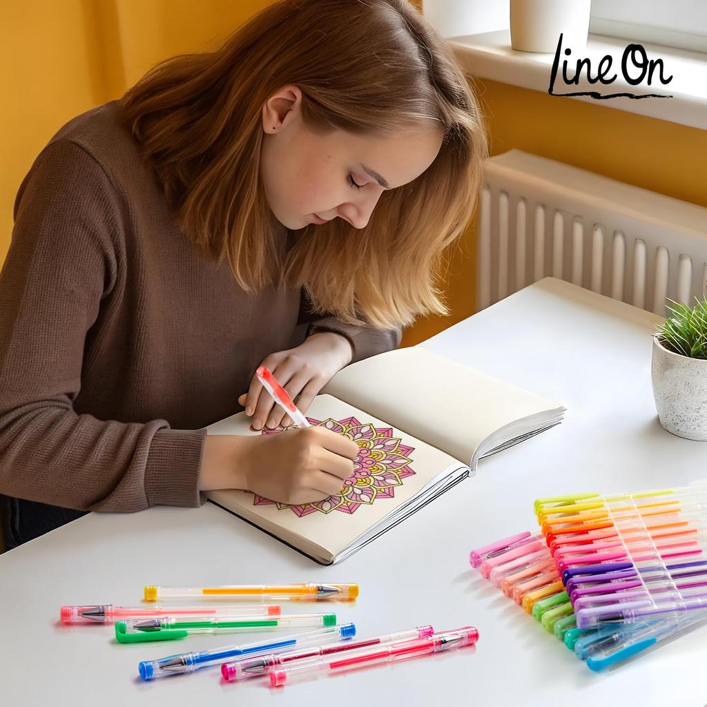 Lineon Gel Ballpoint Color Set of 108 Colored Ballpoint Gel For Adult Coloring Glitter For School Entrance Transparent Case Included Pens, Pens,