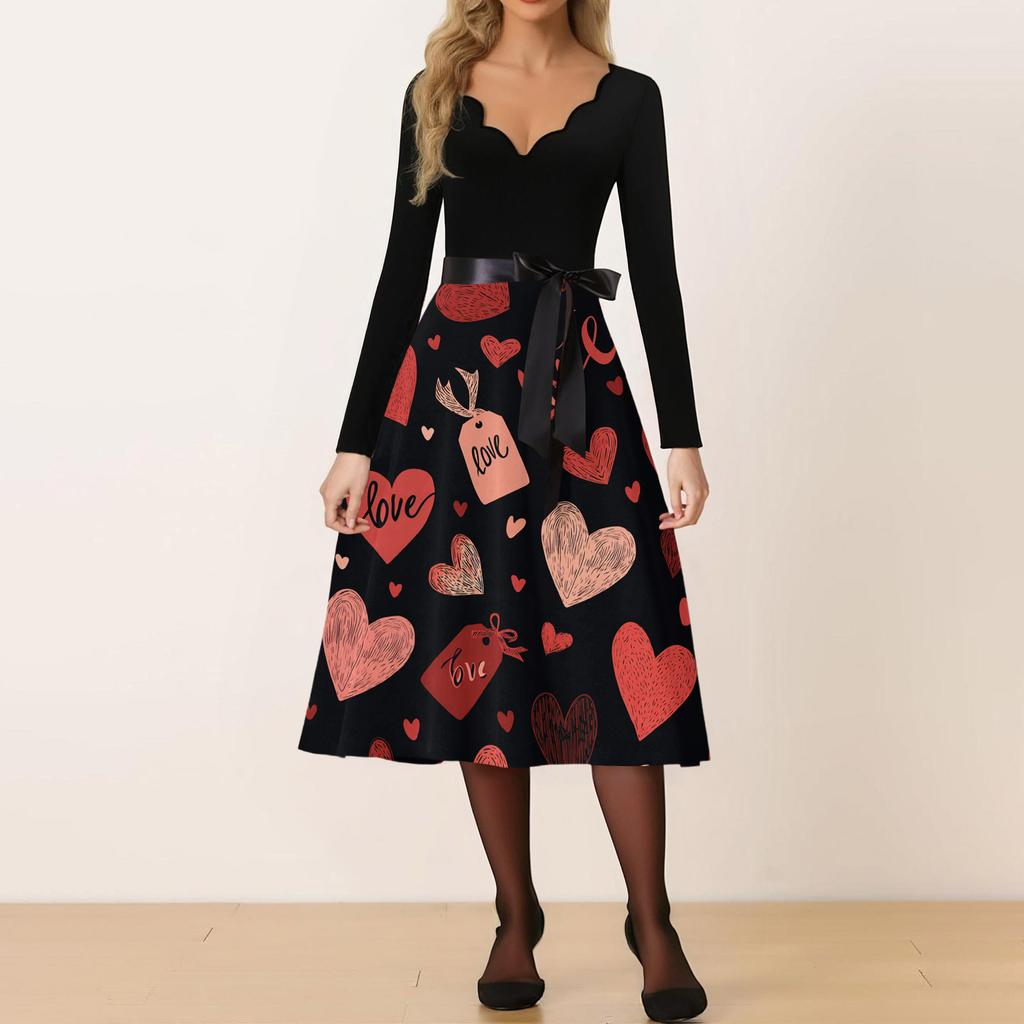 Damen Casual Mode V-Ausschnitt Valentinstag Print Retro Kleid