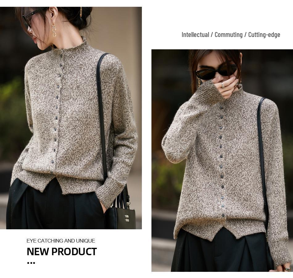 Women's Flecked Knit Stand-up Collar Cardigan - Autumn/Winter Long Sleeve Sweater Coat