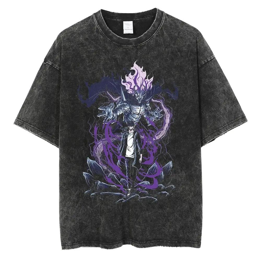 Hot Summer Anime Solo Leveling Sung Jin Woo Print T-shirt Women High Quality Washed Cotton T-shirts Harajuku Plus Size T Shirt