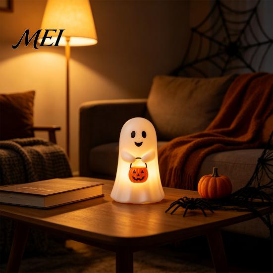 Christmas Eve Party Supplies Cute Ghost Holding Pumpkin Bucket Table Lamp, Halloween Spooky Bedside Synthetic Resin Ornaments Small LED Night
