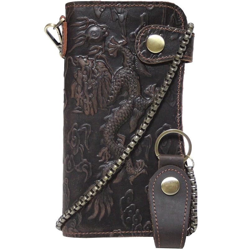 

[FashionBerry] dark brown genuine leather long wallet with chain men s cool dragon pattern leather dragon embossed bikers wallet Anti-theft long