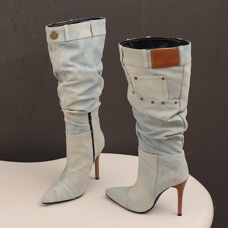 Women's High-heeled Boots Sexy European and American Style Pointed-toed Thin-heeled Large-size Cowboy Mid-boots