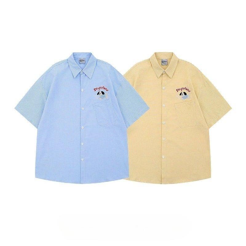 Dog Embroidered Women's Shirt Short Sleeved Teddy Bear Pendant Checkered Shirts College Style Casual Versatile Blouses