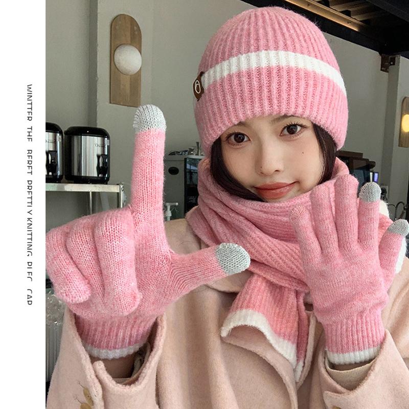 Vinterstrikket ullhatt Dame Kaldsikker Varm Hatt Skjerf Hansker Tredelt Ørebeskyttende Hatt