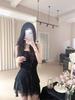 Elegant Black Spaghetti Strap Summer Mini Dress with Ruffle Skirt