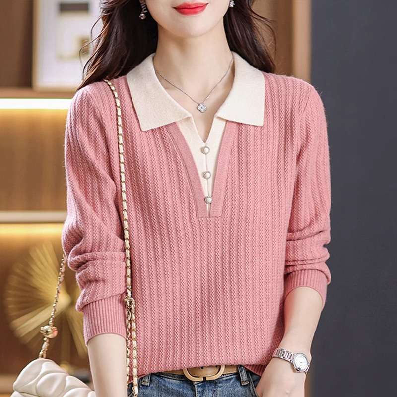 2in 1 Colorblock Collared Knitted Pullover, Casual Long Sleeve Button Front Top for Spring & Fall, Women's Clothing