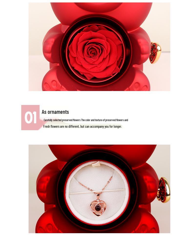 Scatola regalo di San Valentino: Orsacchiotto con Rose Stabilizzate e Scatola Portagioie ad Anello