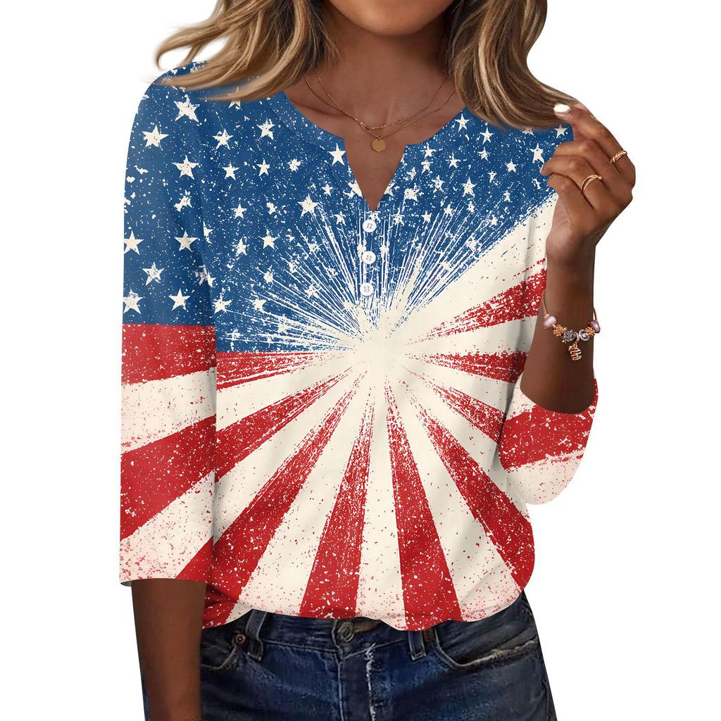 Women's T Shirt Independence Day Print Button 3/4 Sleeve Daily Weekend Fashion Basic V- Neck Regular Top