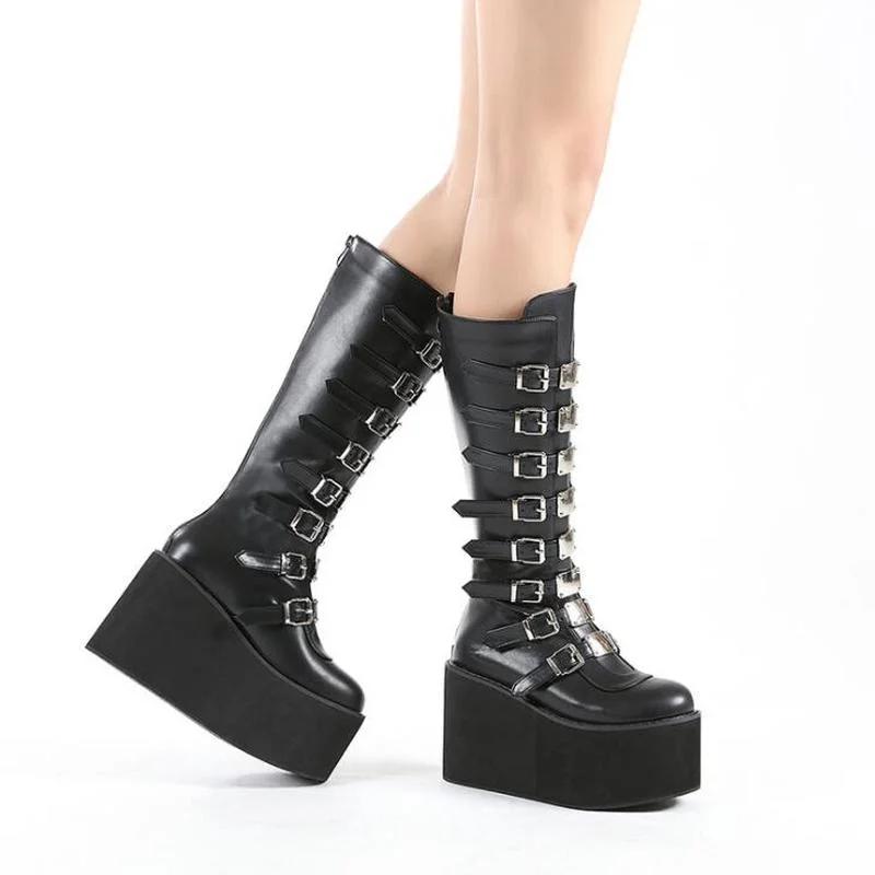 Fashion Designer Big Size 43 Black Gothic Style Cool Punk Motorcycles Boots Female Platform Wedges High Heels Calf Boots Women Shoes
