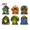 Wooden Crafts Decoration Fairy Garden Decoration, Tree Hollow Cottage Door with High-Definition Elf Light UV Printing, Waterproof Acrylic Outdoor