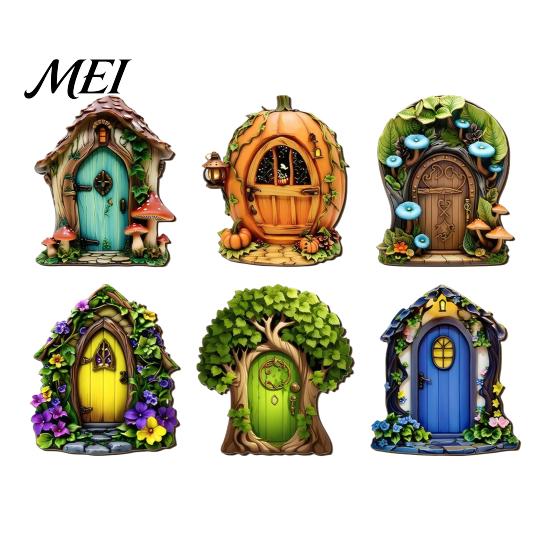 Wooden Crafts Decoration Fairy Garden Decoration, Tree Hollow Cottage Door with High-Definition Elf Light UV Printing, Waterproof Acrylic Outdoor