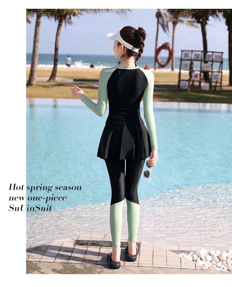 Women's Three-Piece Swimsuit: 2026 Sun Protection with Long Sleeves & Pants for Diving & Hot Springs.