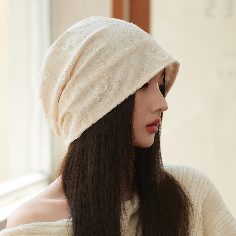Pile Pile Hat Spring Autumn Hat Women's Shiny Silk Early Autumn Thin Style Big Head Circumference Baotou Hat Versatile Hat