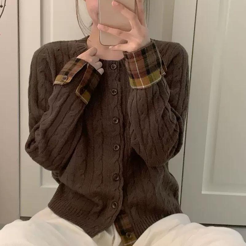 Korean Faux Two-Piece Plaid Patchwork Loose Wool Knit Cardigan for Women - Autumn/Winter High-End Sweater