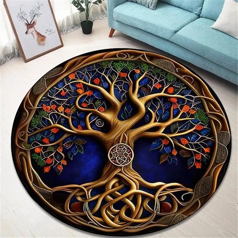 Runder Vintage-Teppich 'Baum des Lebens' für Wohnzimmer und Schlafzimmer Eleganter rutschfester Teppich Stilvolle dekorative Bodendekoration Perfektes Geschenk