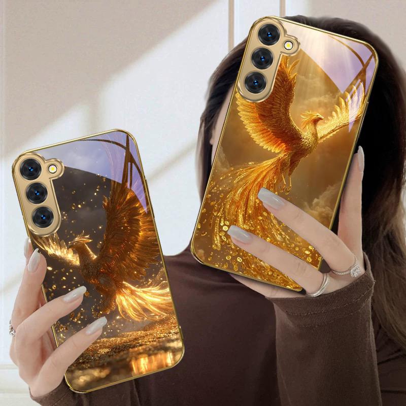 The Golden Phoenix For Samsung Galaxy S20 FE S21 S22 Ultra 23 Plus 24 Ultra 25Ultra S21+ S9+ 22Plus Golden Glass Phone Case