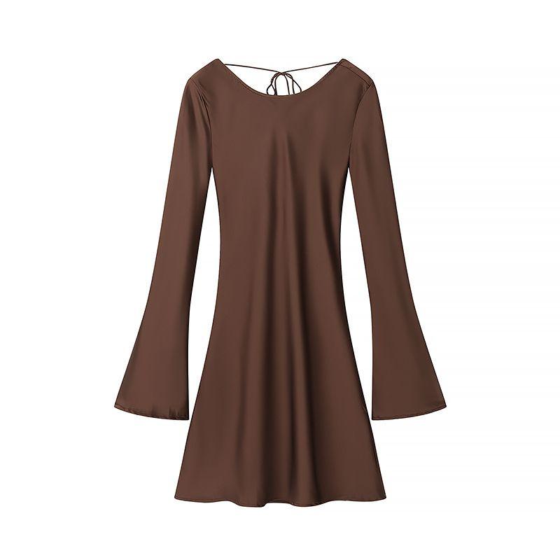 

Fall and Winter New Women s Clothing French Style Pure Style round Neck Long Sleeves Back Shoelace Silk Satin Texture Short Dress Brown L