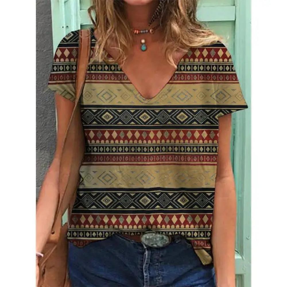 

Летняя футболка с 3D-принтом, женская, в этническом стиле, ретро, уличная, женская футболка с V-образным вырезом, быстросохнущая и дышащая XXXL