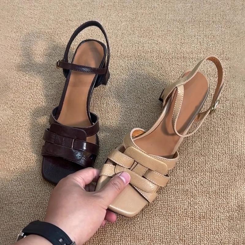 Fashion Summer 2025 New Toe Exposed Square Toe Thick-heeled Sandals for Women's Fashion, Wearing High-heeled Roman Shoes On Top
