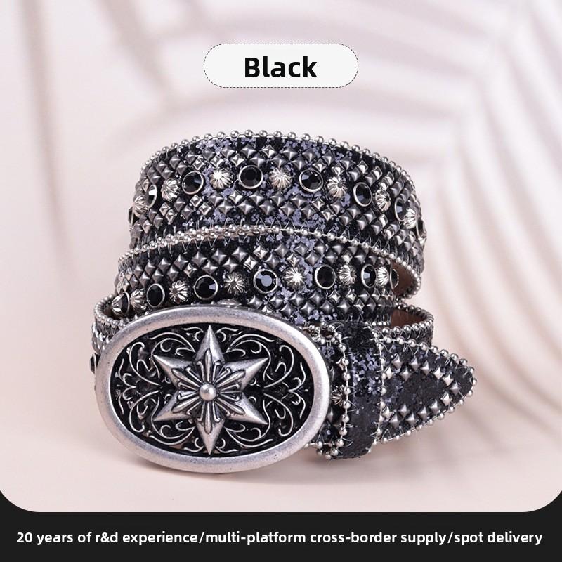 

Тот же ремень с декоративной пряжкой из стразов с узором змеиной кожи для мужчин и женщин, персонализированный новый джинсовый ремень в стиле ретро 105cm чёрный