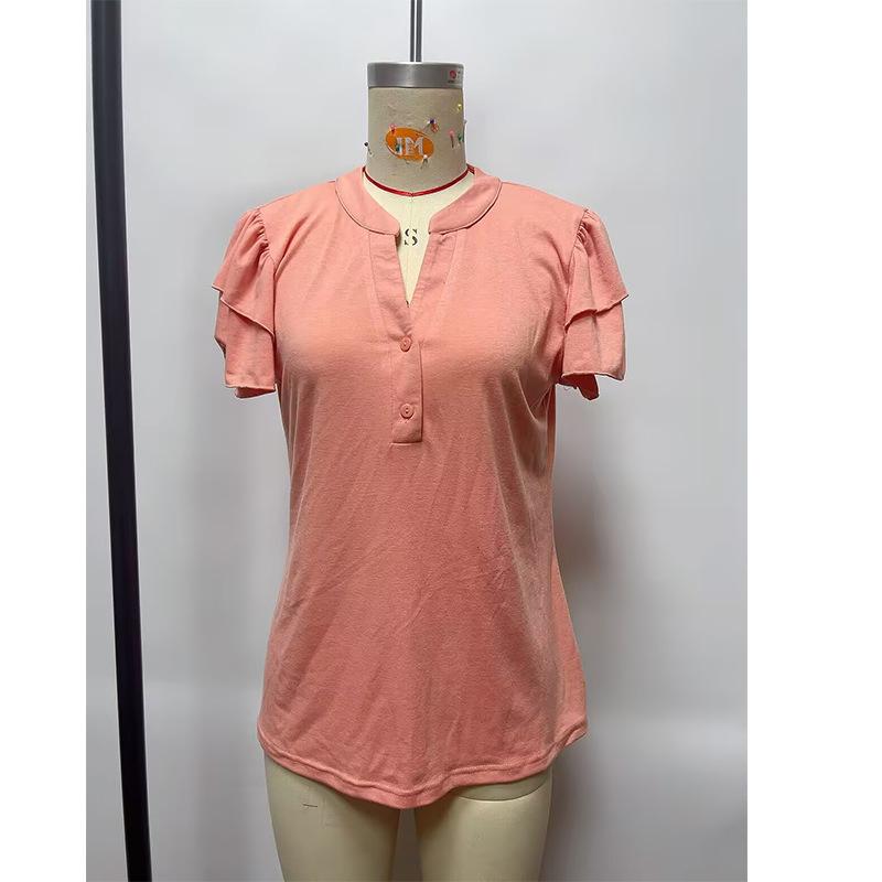Women's V-neck Short Sleeved Ruffle Sleeve T-shirt Button Up Shirt