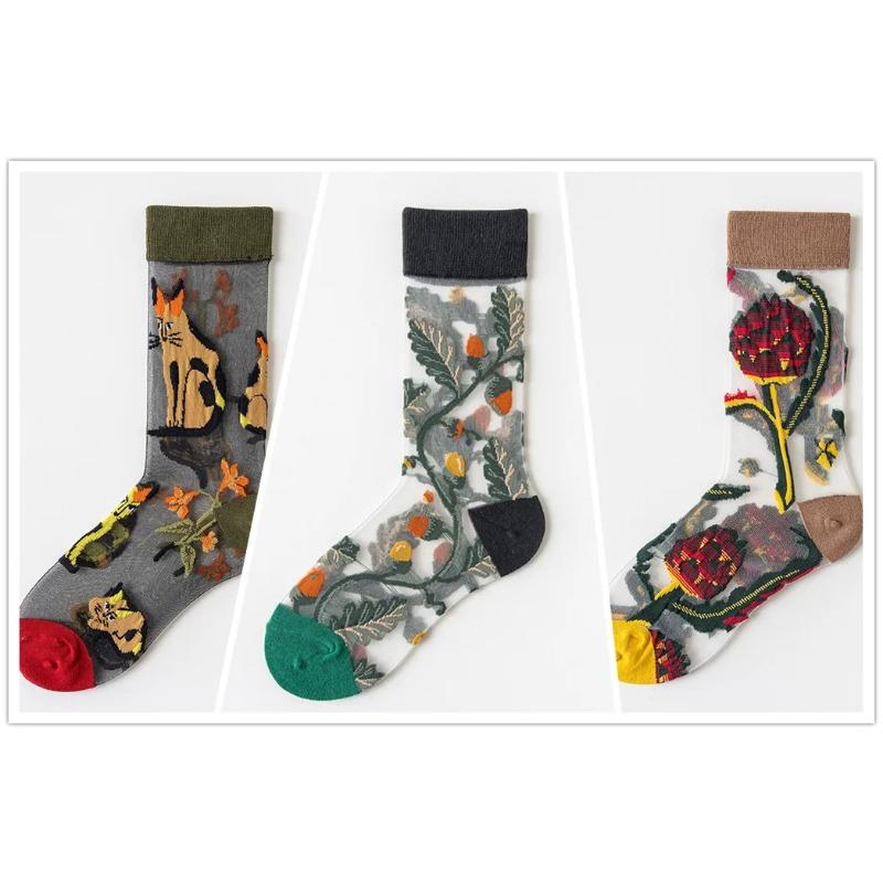 3 Pares Nuevos Set de Calcetines Transparentes Lindos de Gato para Mujer Coreanos Florales Animales Verano Delgados Kawaii Set de Calcetines de Seda para Mujer