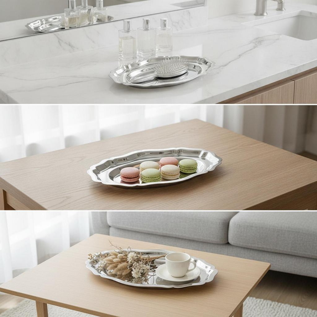 Mirror-Polished Silver Tray Elegant for Tabletop Entertaining, Everyday Home Use