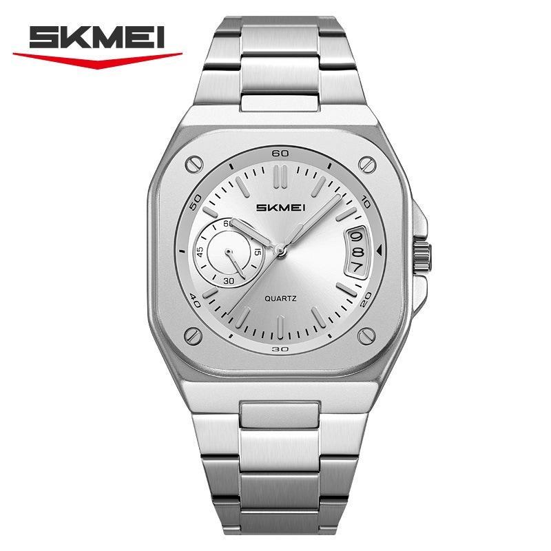 Mens Analog Quartz Wrist Watch Waterproof Luminous Dial Calendar Window Steel Band Square Dress Watches