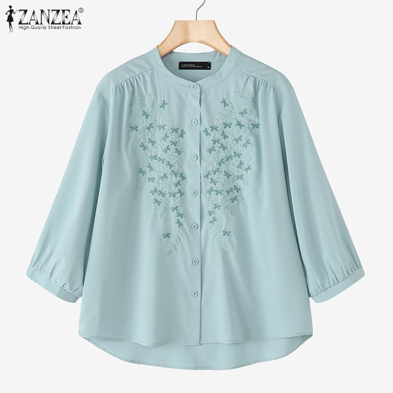 ZANZEA Women Casual Round Neck 3/4 Sleeve Loose Embroidery Print Blouse