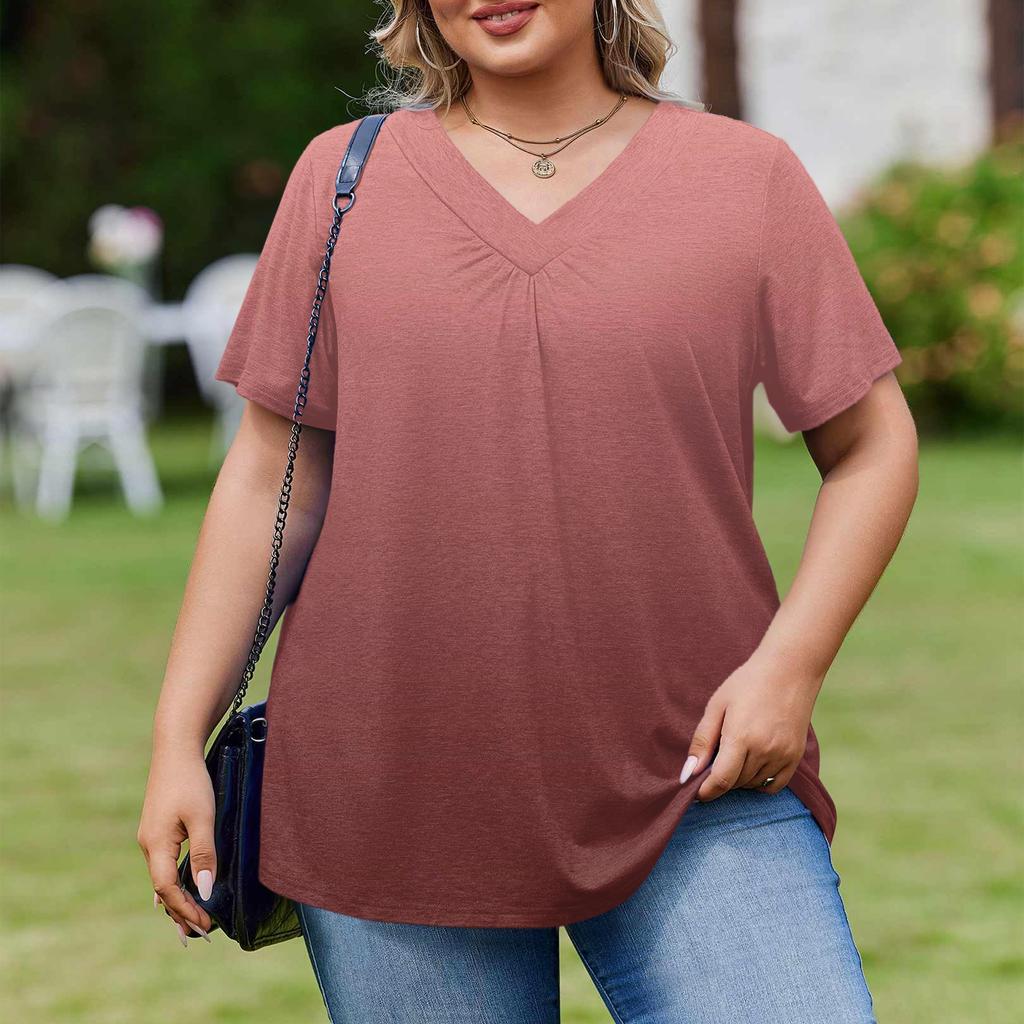 Damska Modna Codzienna Luźna Bluzka Plus Size z Krótkim Rękawem Elegancka z Dekoltem V Do Pracy