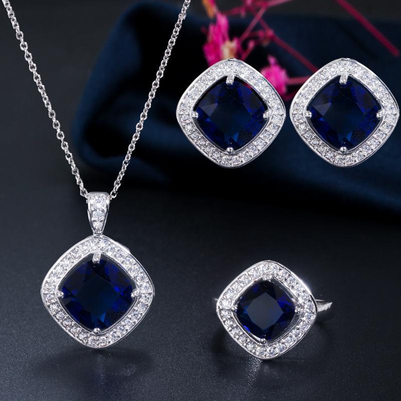 Simple Three-Piece Set Of Micro-Inlaid Zircon Square Earrings, Pendant, Ring Set Chain.